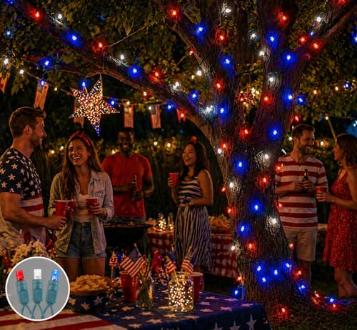 Novelty Lights 50 LED 25ft Red White Blue Lights, USA Patriotic 4th of July String Lights, Wide Angle Mini Lights on Green Wire, Commercial Grade, Connectable Indoor Outdoor Christmas Lights - color: Red / White / Blue