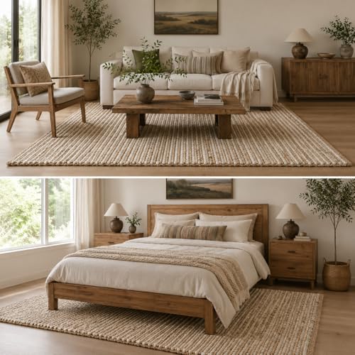 FRELISH DECOR Area Rug 9x12 feet - Premium Wool and Jute Blend Handwoven Rugs - Natural Fiber Chunky Stripe Rugs for Living Room, Bedroom, Hallways, Dining Area: Natural Ivory - size: 9' x 12' (Rectangular)