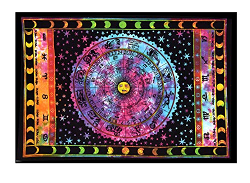 ANJANIYA Sun Moon Star Zodiac Goodluck Tarot Card Bohemian Room Dorm Decor Hippie Indian Boho Tapestry Psychedelic Mandala Wall Hanging Art Cotton Tapestries (Multi, 30"X40")