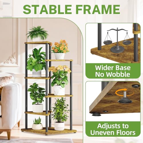 iDavosic.ly Tall Plant Stand Indoor for Large & Heavy Duty Planters, 5 Tier Corner Flower Shelf with Wooden Trays & Metal Frame, 41 Inch Orchid Rack for Living Room Balcony Porch, Black & Brown - size: 5 Tier without Light
