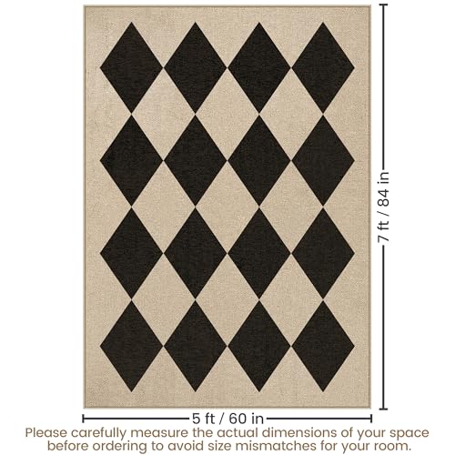 Washable Checkered Easy Jute Rug 5x7, Black Checkerboard Geometric Modern Outdoor Indoor Patio Large Rugs, Woven Thin Carpet Mat for Living Dining Room Bedroom Classroom Kids Nursery Play Room - color: Checkerboard -3 Nature Black, size: 5' x 7'