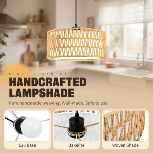 Pendant Lights, Plug in Pendant Light, Hanging Lamp, Boho Lamp, Woven Rattan Pendant Lamp Shade for Kitchen Island, Modern Farmhouse Chandelier Light Fixtures (Bohemian 2)