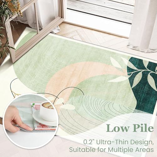 MUJOO 2x3 Washable Rug Small Area Rugs for Entryway Kitchen Bedroom,Boho Non Slip Throw Carpet for Bathroom Entrance Door Mat Mid Century Modern Abstract Botanical Geometric Accent Green - color: Green（modern）, size: 2' x 3' (Rectangular)