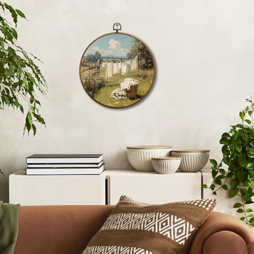 JUIOEIU Vintage Farmhouse Country Laundry Room Round Wall Decor, Cottagecore Laundry Day Framed Canvas Prints, Rustic Landscape Wall Art Hanging Decorations for Home Bedroom Living Room Decor, 10x10in - color: Laundry room01