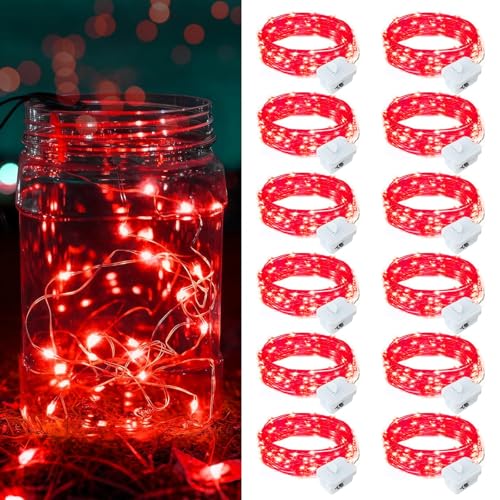 12 Pack Red Fairy Lights Battery Operated, 7ft 20 LED Mini String Twinkle Lights for Valentine's Day Christmas Halloween Mason Jars Party Centerpiece Table Decorations (12, Red) - color: Red