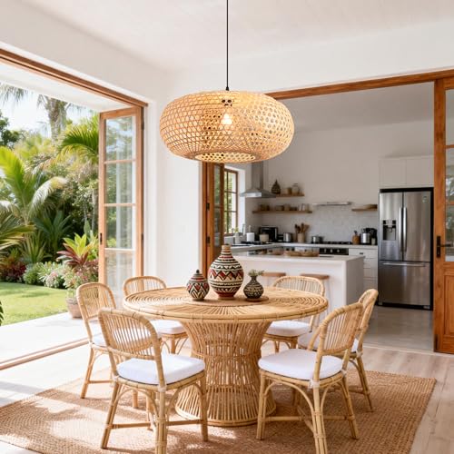 Parrot Uncle 22" Boho Pendant Light, Hand-Woven Farmhouse Chandelier for Dining Room, Bamboo Ceiling Light for Kitchen Island Bedroom Entryway, Natural Rattan Hanging Lamp with 47.24" Adjustable Cord - color: D3049