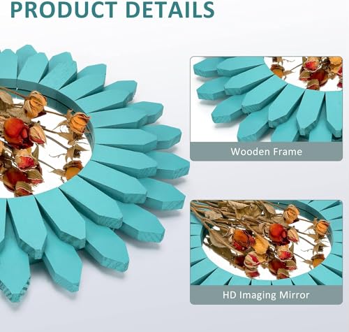 Honiway Beach Wall Decor Mirror 2 Pack 12 inch Wood Coastal Wall Decor Sunburst Boho Home Decor Room Decor for Bedroom Living Room Entryway Cyan - color: Cyan, size: 12 inch (2 pack)