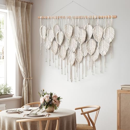 LOMOHOO Macrame Wall Hanging Boho Beige Leaves Tapestry Bohemian Handmade Woven Wall Art Decoration for Bedroom Living Room Apartment Dorm Gallery Perfect Handmade Gift Ideas - color: Beige-39" W x 28.3" L