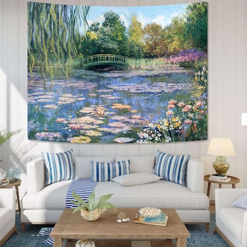 Accnicc Monet Water Lilies Tapestry Green Floral Plant Tapestries Aesthetic Monet Wall Art Posters Nature Flower Garden Landscape Small Tapestrys for Bedroom Living Room Dorm 48 x 36 Inch - color: Green Pink, size: 48"L x 36"W