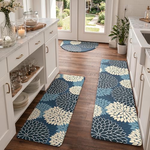 KIMODE Kitchen Mats for Floor Cushioned Anti Fatigue,Floral Farmhouse Kitchen Rugs Sets of 3 Non Slip,Waterproof Half Circle Kitchen Carpet Runner Decor for Sink Laundry Bathroom,Blue - color: Multi-blue, size: 18" x 28"+18" x 47"+18" x 59"-0.47 inches