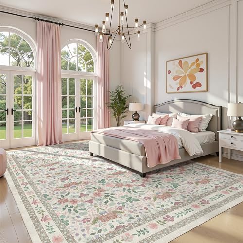 Deerly Vintage Washable Extra Large Area Rug 10x12 for Living Room Floral Rug Soft Low Pile Indoor Carpet for Bedroom Boho Non-Slip Floor Mat for Dining Room Playroom, Beige/Light Pink/Multi - color: Beige/Light Pink/Multi, size: 10' x 12' (Rectangular)