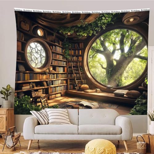RichIdeas Tree Bookshelf Wall Tapestry Window Tapestries Wall Hanging Bookshelf Tapestries Decor for Windowless Office Room Bedroom Living Room Home Decor - color: Yellow-1, size: Customsize