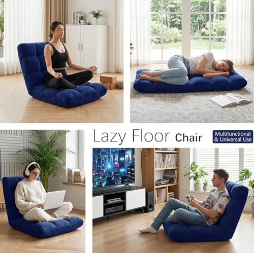Folding Floor Chair 14-Position Cushioned Adjustable Floor Lazy Sofa Chair w/Breathable Cotton & Skin-Friendly Coral Velve for Adults & Kids Ideal for Reading Meditating，Navy - color: Navy