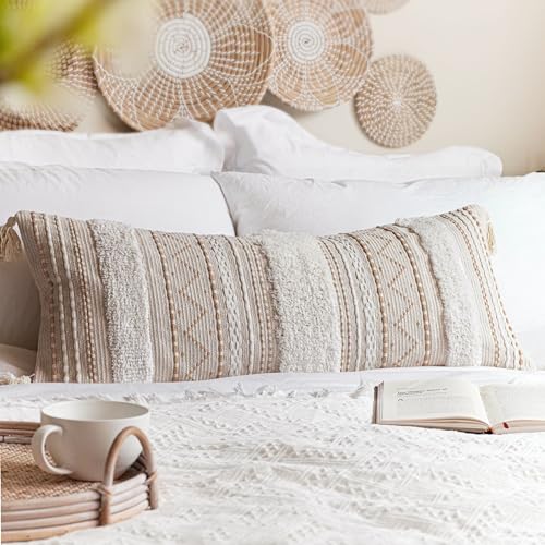BlissBlush 14x36 Lumbar Pillow Cover for Bed, Rectangular Long Decorative Throw Pillowcase, Boho Accent Cushion with Tufted Pattern and Tassels, Cream Beige Neutral (Cover Only) - color: Beige, size: 36" x 14" (Pack of 1)