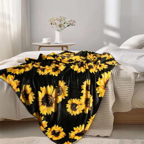 MACEVIA Sunflower Blankets Gifts for Women, Flannel Fleece Sunflower Gift, Floral Throw Blanket for Couch Bed Sofa, Soft Cozy Warm Lightweight Blankets for Travel Camping 260GSM (50"x60") - color: Sunflowers Print 01, size: Flannel Fleece (50x60 IN)
