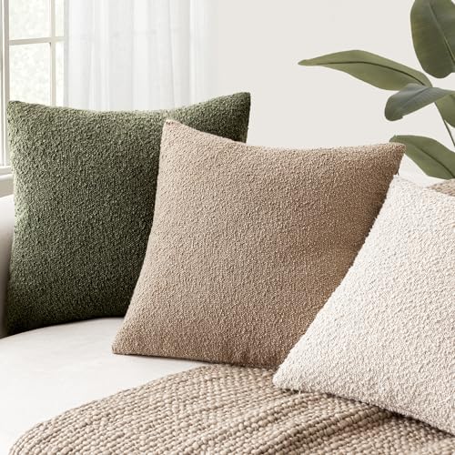 Foindtower Set of 2, Decorative Textured Boucle Throw Pillow Covers Accent Solid Pillow Cases Neutral Soft Cozy Couch Cushion Case for Chair Sofa Bedroom Living Room Home Decor 16x16 Inch Moss Green - color: Moss Green, size: 16" x 16" (Pack of 2)