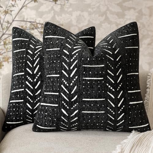 Home Décor Decorative Boho Accent Chenille Throw Pillow Covers,Textured Neutral Cozy Cushion Covers,Soft Farmhouse Pillowcase for Couch Sofa Chair Bed Living Room, 18×18 Inch, Set of 2, Black - color: Black, size: 18" x 18" (Pack of 2)