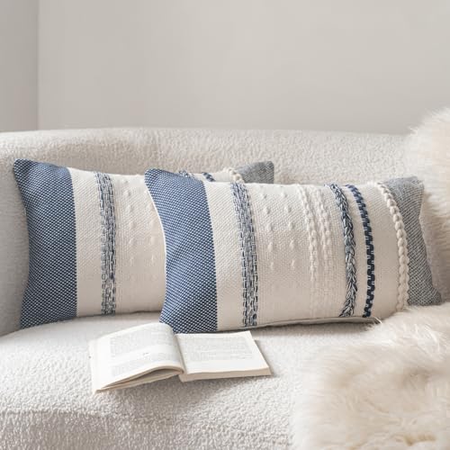 Cethom Boho Throw Pillow Covers 12x20 Inch Set of 2, Navy Blue Textured Decorative Couch Pillow Cases for Farmhouse Home Decor, Accent Cushion Cover for Sofa, Bed, Living Room, Bedroom - color: Navy Blue, size: 20" x 12" (Pack of 2)