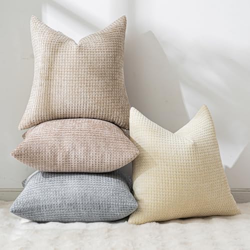 Pack of 4 Throw Pillow Covers 22x22 inch Beige Light Gray Boho Cushion Covers Decorative Farmhouse Pillow Covers for Couch Bed Sofa Living Room Home Decor Soft Square Pillowcase - color: Beige/Light Gray, size: 22" x 22" (Pack of 4)