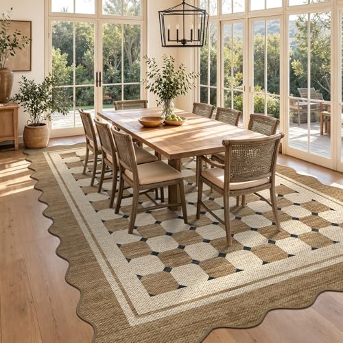 Garvee Scalloped Washable 8x10 Rug, Easy Jute Neutral Rug for Living Room, Indoor Outdoor Patio Non Slip Rugs for Bedroom, Checkered Farmhouse Dining Room Mat Carpet Area Rug for Office Decor 8'x10' - color: Checkered|jute, size: 8' x 10' (Rectangular)