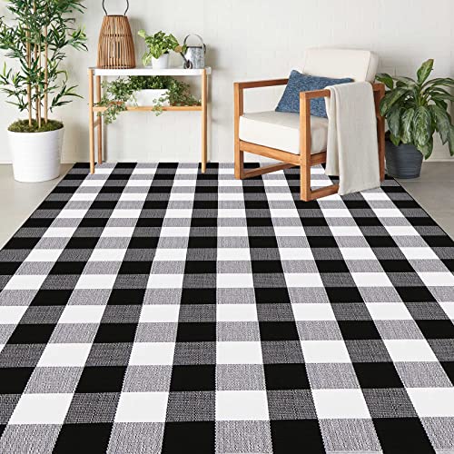 Bottalive Buffalo Plaid Outdoor Rugs, 5'x7' Black and White Checkered Area Rug, Washable Cotton Woven Indoor/Outdoor Rug for Farmhouse/Patio/Front Porch/Living Room/Laundry Room/Bedroom Décor - color: Black and White Plaid, size: 5' x 7' (Rectangular)