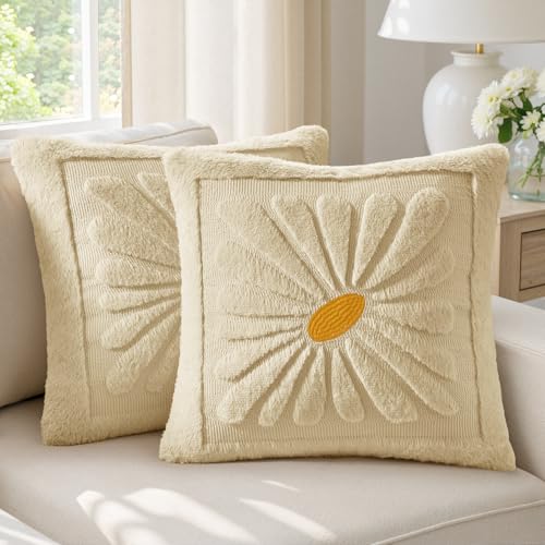 EMEMA Set of 2 Spring Summer Sunflower Floral Pillow Covers, Plush Faux Fur Decorative 18x18 Cushion Cases Adding a Soft, Bright Seasonal Accent to Sofa Couch Bed Modern Farmhouse Living Room, Beige - color: Beige, size: 18" x 18" (Pack of 2)