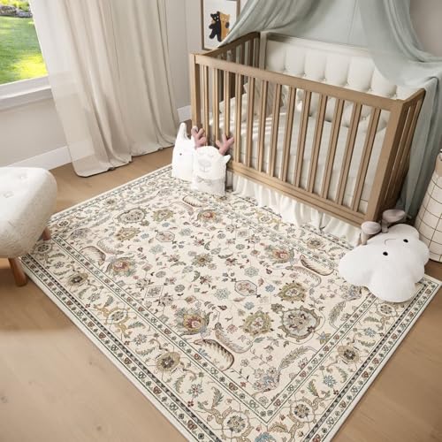 Washable 3x5 Entryway Rug, Boho Non-Slip Vintage Distress Small Rugs for Kitchen Nursery Office Bedroom, 0.3" Neutral Oriental Throw Thin Carpet with Cushioning Pad, Beige/Rust/Multi, B1 - color: Beige/Cream/Rust/Green/Multi, size: 3' x 5' (Rectangular)
