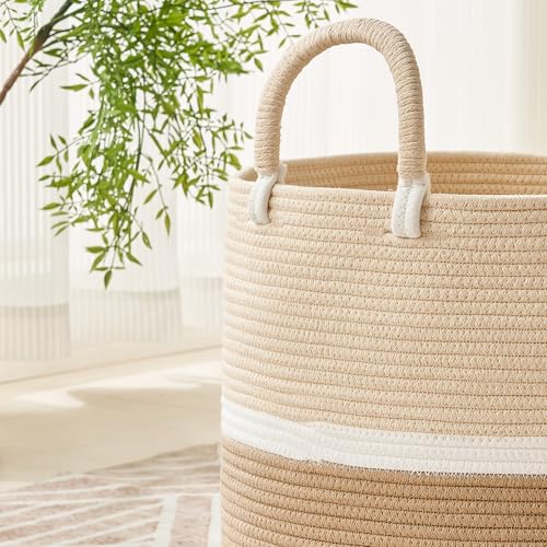 KAKAMAY Large Blanket Basket (18"x18"x16"),Woven Baby Laundry Hamper for Storage, Cotton Rope Blankets Baskets for Nursery, Laundry, Living Room, Pillows, Baby Toy chest with Handles (Light Brown) - color: Light Brown