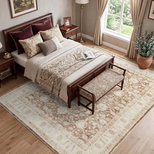 jinchan 8x10 Washable Vintage Area Rug, Distressed Traditional Floral Living Room Rug, Soft Low-Pile Non-Slip Indoor Retro Carpet for Bedroom Dining Room Home Office Decor, Taupe - color: Oriental Taupe, size: 8' x 10' (Rectangular)