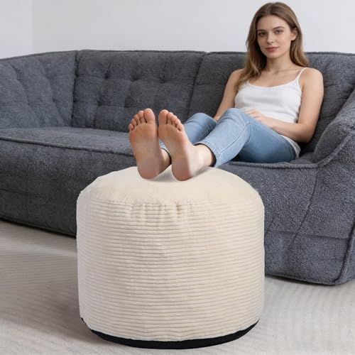 Round Pouf Ottoman Foot Rest with Foam Chunk Filling, Corduroy Ottomans for Living Room Floor Poufs (20"x15",Beige) - color: A-beige, size: 20"D x 20"W x 15"H