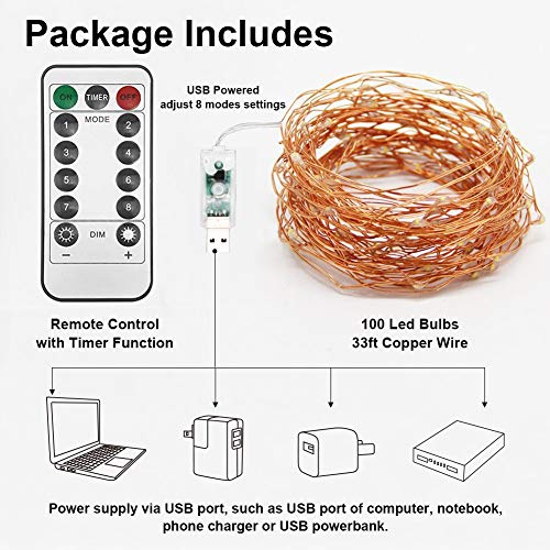 Twinkle Star 33ft 100LED Copper Wire String Lights Fairy String Lights 8 Modes USB Powered with Remote Control for Wedding Party Home Christmas Decoration, Warm White - color: Warm White, size: 33ft