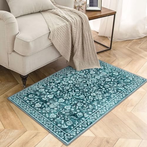 Vintage Entryway Rug Indoor, Teal Washable Rug 2x3, Small Area Rug with Non-Slip Backing, Floral Print Thin Faux Wool Super Soft Door Mat for Kitchen, Entrance, Bedroom, Office - color: Vintage Teal, size: 2' x 3' (Rectangular)