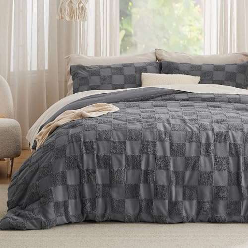Bedsure Dark Grey Queen Size Comforter Set, Boho Tufted Bed Set, Checkered Farmhouse-Style Distressed Vintage Bedding, 3 Pieces, 1 Plaid Geometric Comforter and 2 Pillow Shams - color: 04 - Dark Grey - Tufted Checkboard, size: Queen