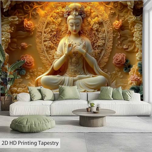 FENDROM Sitting White Buddha Tapestry Wall Hanging Buddhist Statue With Flower Meditation Wall Decor Zen Art Psychedelic Indian Wall Blanket for Bedroom Living Room Home Decor - color: White, size: 59"L x 39"W