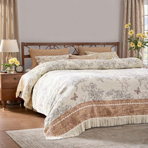 JINCHAN Boho Floral 100% Cotton Blanket 4-Layer Throw Blanket with Tassel Taupe and White Flower Butterfly Soft Luxury Rustic Farmhouse Decor Blanket for Couch Bed 60x80 inch All Season gift for women - color: Butterfly Taupe and White, size: 60"x80"