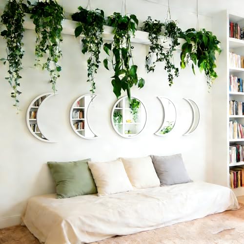 5-piece Set of Moon Phase Mirror Decorations in Nordic Style, Acrylic Mirror paired with Wooden Combination, Bohemian Style Living Room Bedroom Home Decoration, White (White) - color: White
