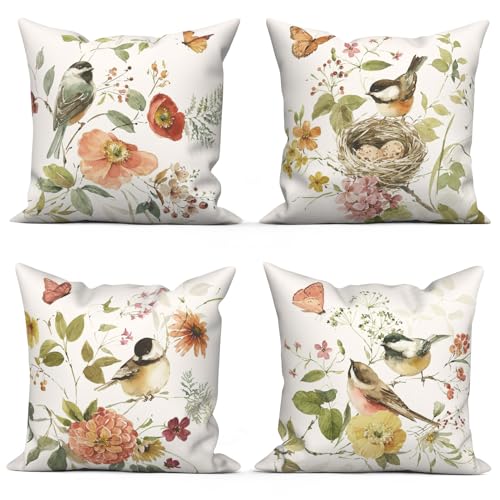 Birds Throw Pillow Covers, Flower Floral Vintage Decorative Pillow case, 4-Pack Double-Side Printed Pillowcases for Sofa and Living Room, 16x16 in - color: 20, size: 16" x 16" (Pack of 4)