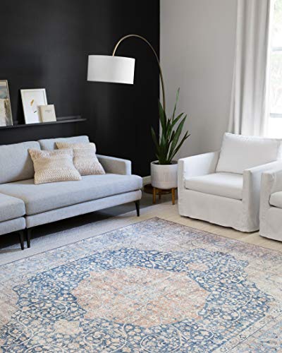 Loloi Layla Collection LAY-07 Blue/Tangerine 2'-3" x 3'-9" .13" Thick Accent Rug, Soft, Durable, Vintage Inspired, Distressed, Low Pile, Non-Shedding, Easy Clean, Printed, Living Room Rug - color: Blue / Tangerine, size: 2'3" x 3'9" (Rectangular)