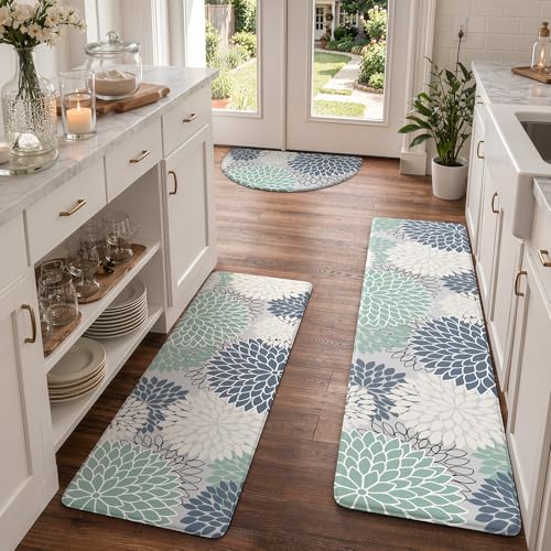 KIMODE Kitchen Mats for Floor Cushioned Anti Fatigue,Floral Farmhouse Kitchen Rugs Sets of 3 Non Slip,Waterproof Kitchen Carpet Runner Decor for Sink Laundry Bathroom,Multi Cyan - color: Multi Cyan, size: 18" x 28"+18" x 47"+18" x 59"-0.47 inches