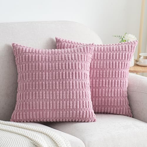 Pack of 2 Corduroy Decorative Throw Pillow Covers 16x16 Inch Soft Boho Striped Pillow Covers Modern Farmhouse Home Decor for Sofa Living Room Couch Bed Blush Pink Spring Valentine - color: Pink, size: 16" x 16" (Pack of 2)