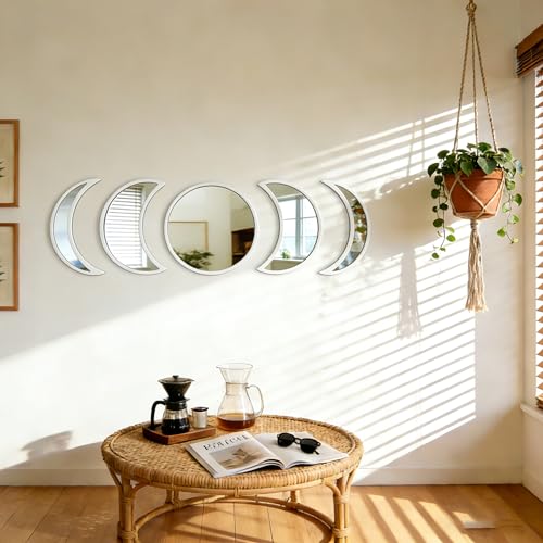 5-piece Set of Moon Phase Mirror Decorations in Nordic Style, Acrylic Mirror paired with Wooden Combination, Bohemian Style Living Room Bedroom Home Decoration, White (White) - color: White