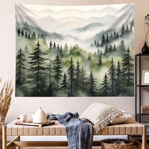 TUGCAY Misty Mountain Forest Tapestry, Green Nature Foggy Watercolor Tree Tapestries Landscape Scenery Tapestry Wall Hanging for Bedroom Living Room Backdrop 51 x 60 Inch