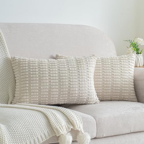 Pack of 2 Corduroy Decorative Lumbar Throw Pillow Covers 20x12 Inch Soft Boho Striped Pillow Covers Modern Farmhouse Home Decor for Sofa Living Room Couch Bed Cream White - color: Cream White, size: 20" x 12" (Pack of 2)