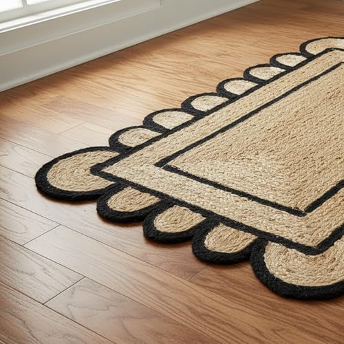 Braided Scalloped Jute Rug Natural with Black Trim, Handmade Farmhouse Boho Area Rug for Entryway, Kitchen, Hallway, Living Room, Bedroom, Rustic Woven Floor Rug - (Black- 2X3 ft) - size: 2' x 3' (Rectangular)