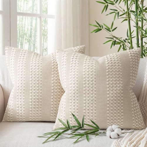 a moment 2 Pack Bamboo Fiber Pillow Covers - Waffle Weave, Ultra Soft & Breathable, Euro Shams Cotton Throw Pillow for Couch, Sofa, Bedroom Living Room 26x26 Inch Beige - color: Beige, size: 26" x 26" (Pack of 2)