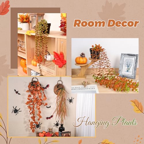 Der Rose 4Pcs Fake Fall Plants Hanging Orange Artificial Eucalyptus Plants, Boston Fern, Fake Potho, String of Pearls for Halloween Bathroom Table Centerpiece Wall Mantle Decor Indoor and Outdoor - color: Black Pots-4pcs Orange