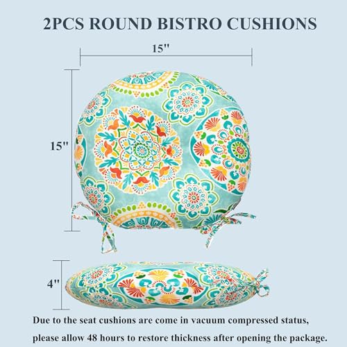 FUNHOME Outdoor Round Bistro Seat Cushions with Ties, Fluffy Tufted Patio Chair Pads 15"x15"x4", Set of 2 Water-Resistant Round Outdoor Chair Cushions for Home Garden Cyan Circle - color: Green Circle