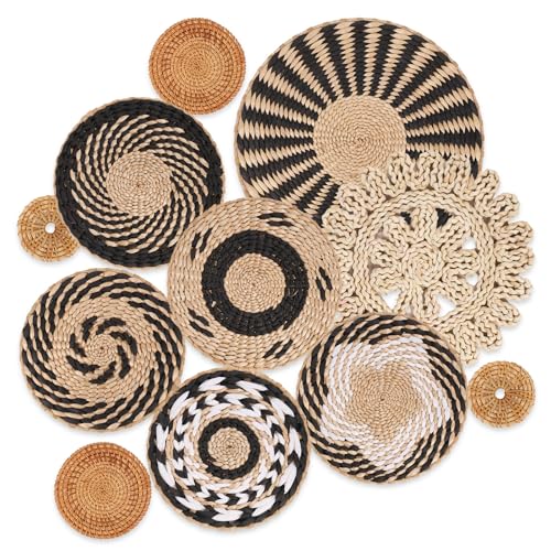 Boho Wall Basket Decor Set of 11 - Hanging Woven Bulrush Basket Wall Decor, Handcrafted Round Flat Baskets Wall Art, for Rustic Farmhouse、Home - Unique Rattan Wicker Wall Decor（Black Retro） - style: Black Retro