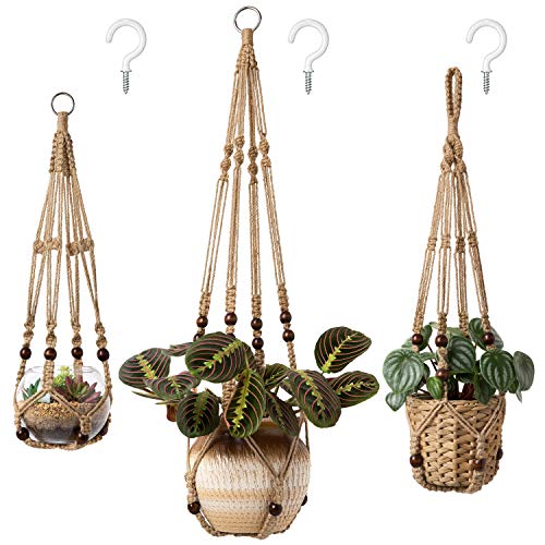 Mkono 3 Pack Macrame Plant Hangers Indoor Different Size Hanging Planter Basket Flower Pot Holder with Beads No Tassels 35"/29"/23", Medium, Brown - color: Brown, size: Medium