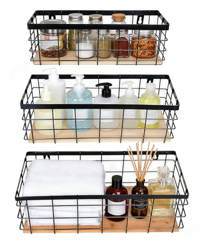 ShabbyDecor Metal Wire Basket Detachable Wood Base Storage Organizer Farmhouse Hanging Basket for Kitchen Cabinets, Bathroom, Pantry, Laundry Room Set of 3,Black Color - color: Black, size: Small&Medium&Large